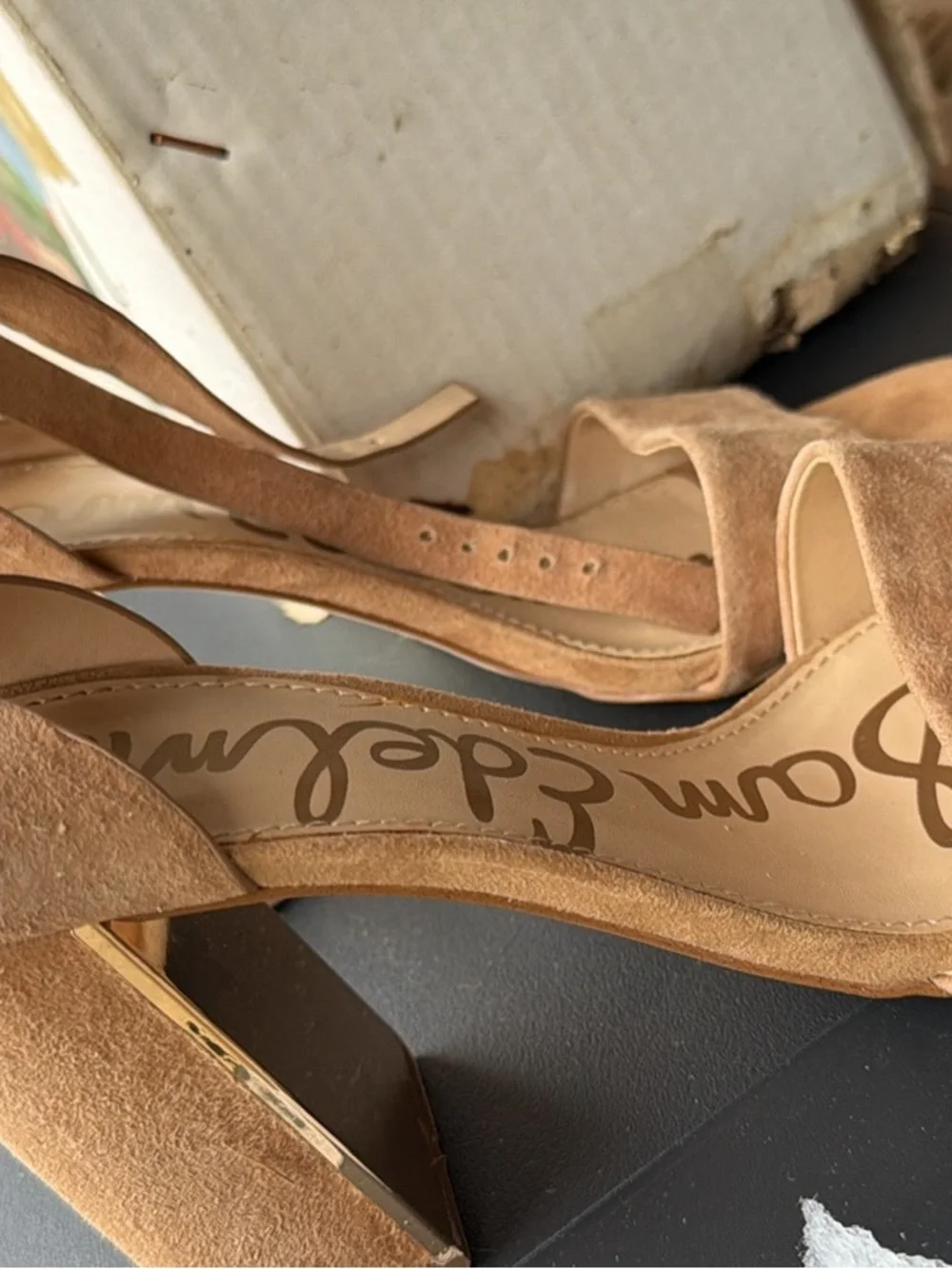 Sam Edelman Tan Suede Block Heel Sandals with Ankle Strap - Picture 2 of 4